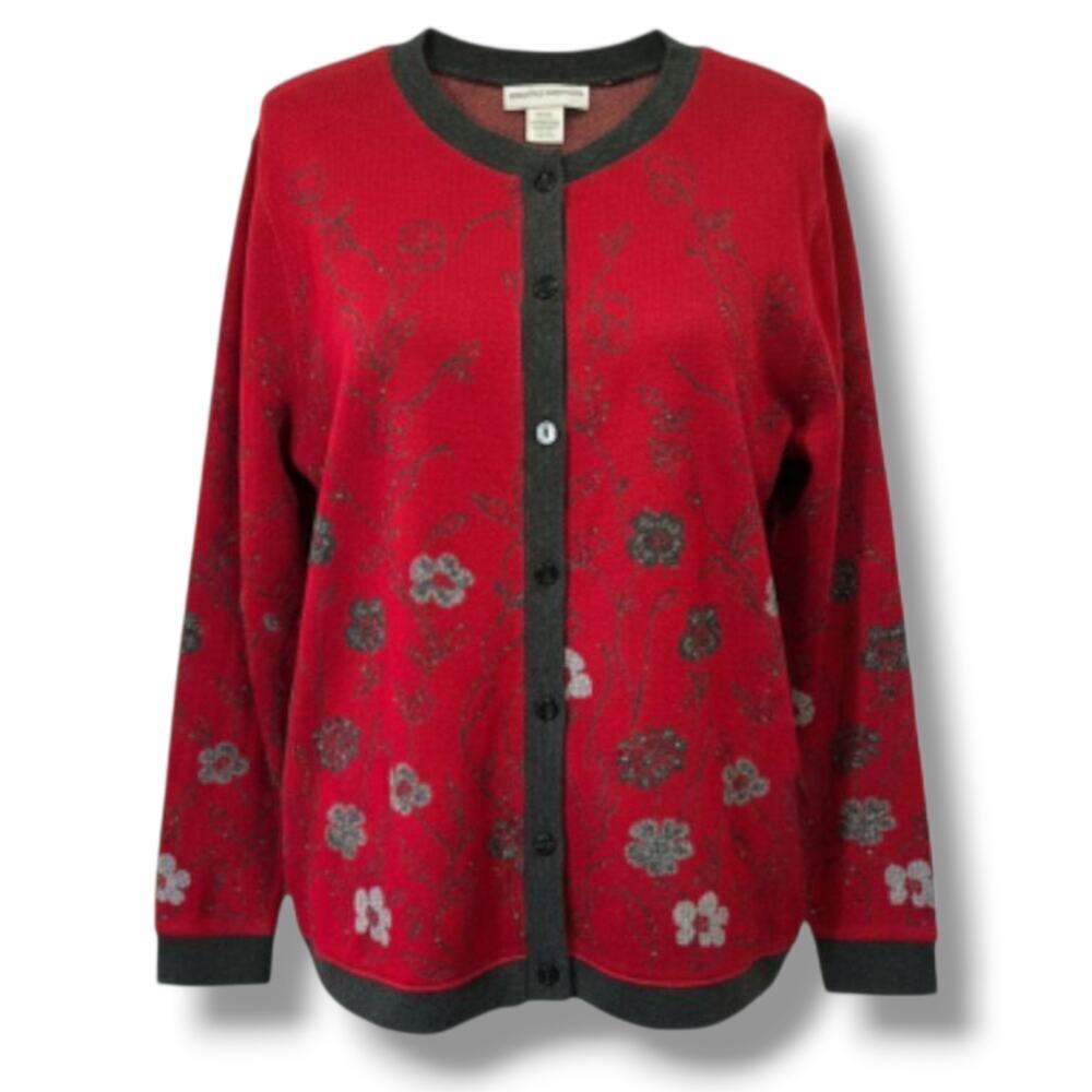 Cathy Daniels Women’s Red Floral Metallic Button-Front Cardigan Sweater – Large